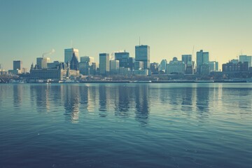 Fototapeta premium Montreal city skyline reflecting in calm water of st. Lawrence river on a sunny day with retro vintage filter effect
