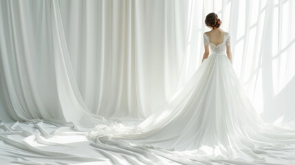 Bride in flowing white dress standing in soft light, Concept of wedding day, bridal attire, elegance. Copy space