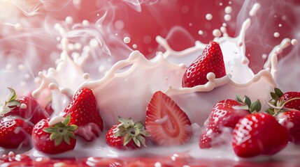 Smooth milk splash with generous copy space, complemented by strawberries and smoke for a professional advertising design