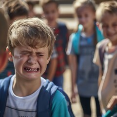 Fototapeta premium schoolboy is crying surrounded by his classmates. bullying at school.