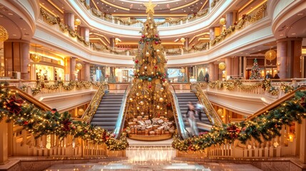 Obraz premium Ornate Christmas tree in a luxury shopping mall with festive decorations, ideal for holiday shopping and seasonal celebration concepts