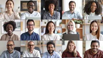 Diverse group of professionals in a virtual meeting. Concept of remote work, multicultural team, corporate communication. People are communicating via video conference