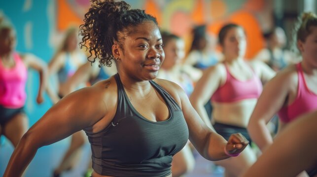 fitness class with participants of various body types engaging in exercise, promoting inclusivity and body positivity beyond stereotypes