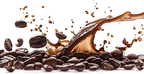 Coffee beans splash with coffee liquid isolated on white background