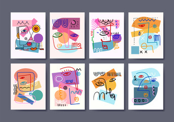 Fototapeta premium Set of aesthetic abstract face portrait geometric, doodle, line art hand drawn vector illustration wall art.