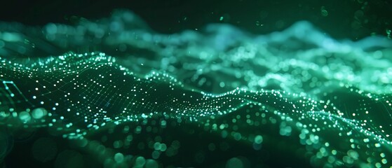 Abstract green background showing a plexus effect with dots and lines forming a digital landscape