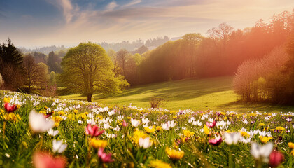 A beautiful, lush green field with a variety of flowers, sky and clouds