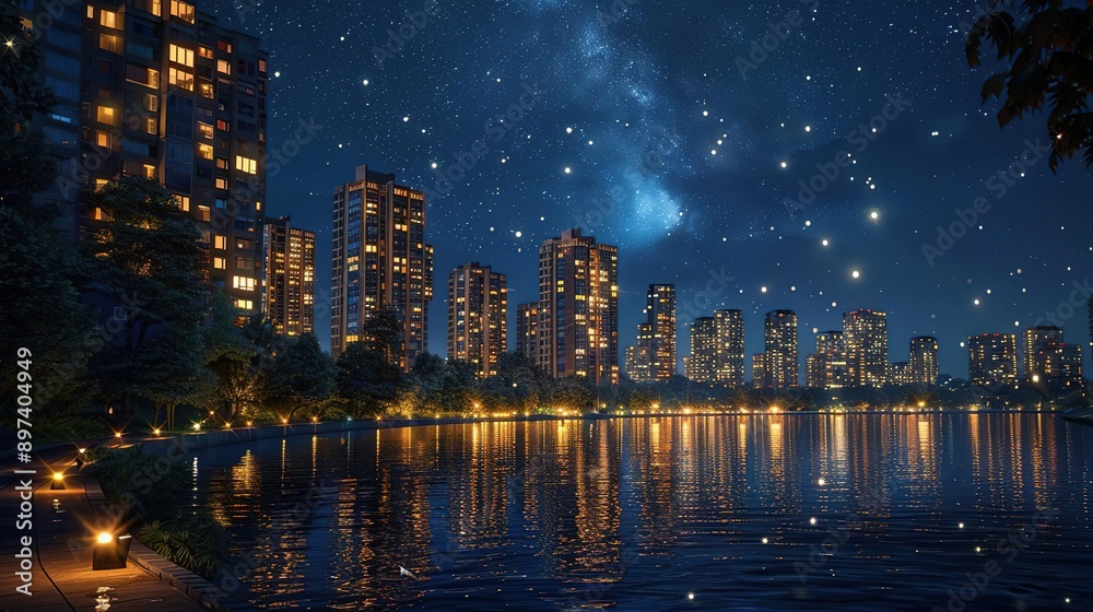 Wall mural Nighttime Cityscape with Lake and Starry Sky - 3D Illustration