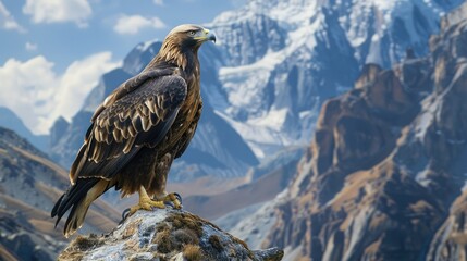 Majestic golden eagle perched on a rocky outcrop, surveying its mountainous territory with keen eyes