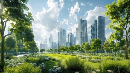 Obraz premium Generate a photo realistic image of urban green technology projects promoting sustainability and reducing environmental impact; ensure the image is of high resolution for clear and detailed quality
