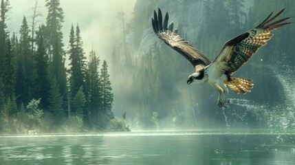 Obraz premium Majestic osprey diving into a lake to catch fish, showcasing its hunting prowess and the beauty of nature