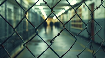 Blurred Figures Behind Chain-Link Fence in Industrial Setting