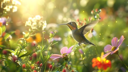 Obraz premium Hummingbird in a Garden of Flowers