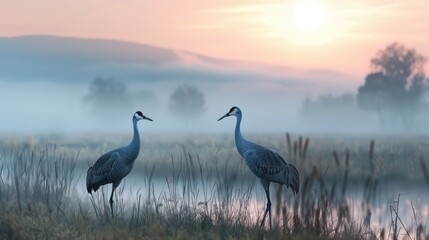 Fototapeta premium Pair of sandhill cranes feeding in a grassy meadow at dawn, peaceful and serene natural landscape