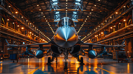 Advanced fighter jet stands majestically in illuminated hangar, showcasing military aviation technology. Concept of defense, aerospace engineering, and power.