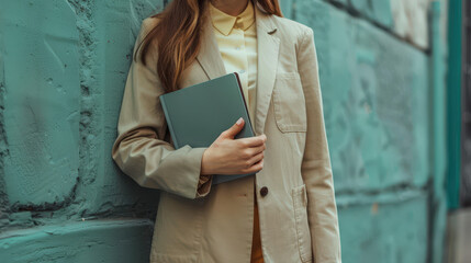 Woman in a minimalist suit holding a minimalist portfolio, minimalist suit, lifestyle 