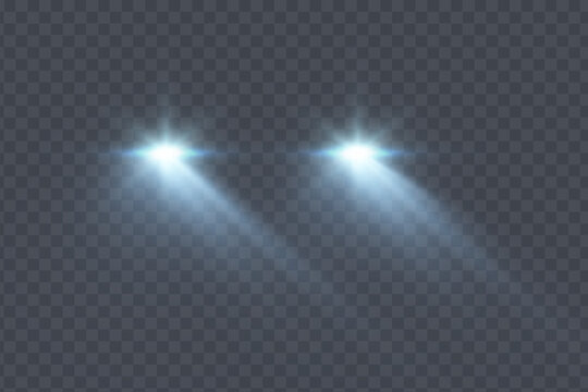 Cars light effect. White glow car headlight bright beams ray isolated on transparent background