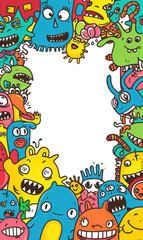 Fototapeta premium Colorful Cartoon Monsters Surrounding White Space