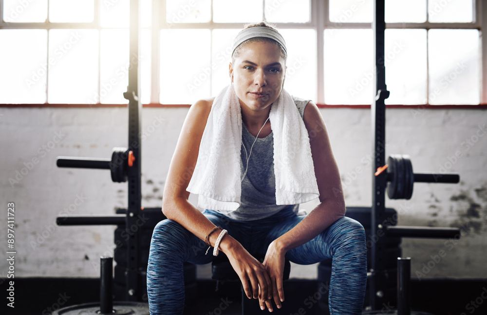 Poster Portrait, towel and tired or woman in gym for fitness, exercise and workout for wellness. Music, athlete and earphones for relax in health or sports center with progress, growth and development