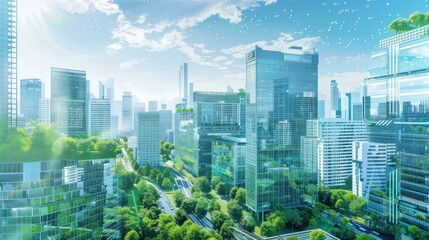 Generate a photo realistic image of urban smart building systems optimizing energy use and enhancing comfort; ensure the image is of high resolution for clear and detailed quality