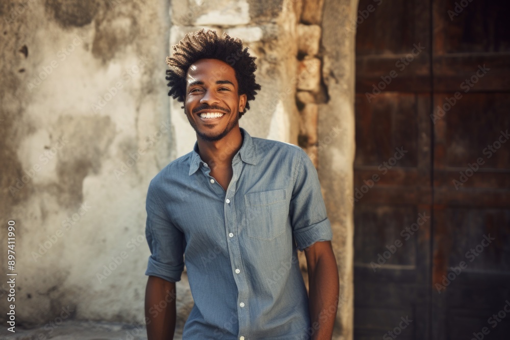 Poster portrait of a happy afro-american man in his 20s sporting a versatile denim shirt in front of backdr