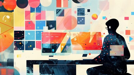 Silhouette of a person at a computer, surrounded by abstract shapes and vibrant colors, representing digital learning in a modern, colorful style.