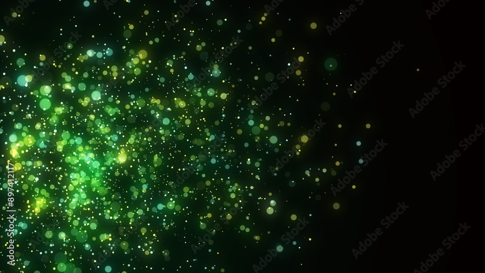Aufkleber Green dust particles with bokeh effect. Abstract background of particles. Cosmic galaxy illustration. 3d rendering.