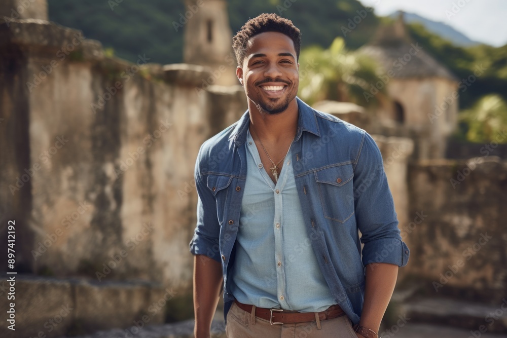 Wall mural Portrait of a happy afro-american man in his 20s sporting a versatile denim shirt in front of backdrop of ancient ruins