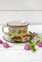 Trifolium pratense, red clover herbal tea in tea cup on white wood board background. Herbal medicinal tea in glass with fresh flower blossoms.
