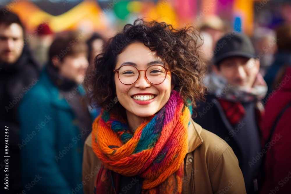 Wall mural Portrait of a happy asian woman in her 30s wearing a cozy sweater on vibrant festival crowd