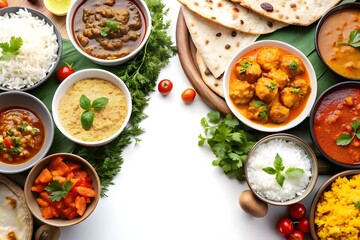 Indian cuisine, including chicken tikka masala and curry samosa rice, was arranged on a white table...