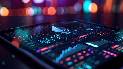 tablet displaying Ethereum trading charts with vibrant neon lights in the background cryptocurrency analysis and real-time market data visualization