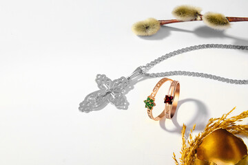 Elegant wedding and engagement rings with beautiful accessories and precious jewelry against a...