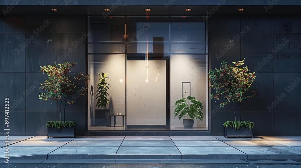 Wall mural 3D Illustration of a Storefront with Plants at Night