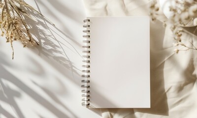 Open blank sheet of sketchbook on spiral, white paper notebook on stylish minimalistic neutral background. Mindful freewriting. Backdrop flat lay for sustainable recycled green design with copy space