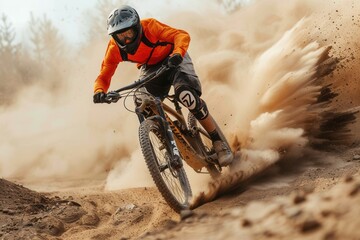 A professional cyclist navigates a dusty trail on their enduro mountain bike. Generative AI