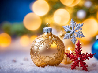 Christmas Ornament with Snowflakes and Bokeh Lights.