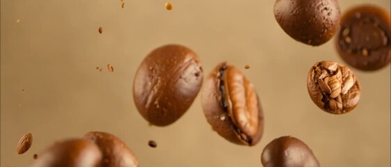 Super slow motion shot of falling roasted coffee beans on light background macro. Roasting flying coffee. Whole coffee explosion close up 4k video