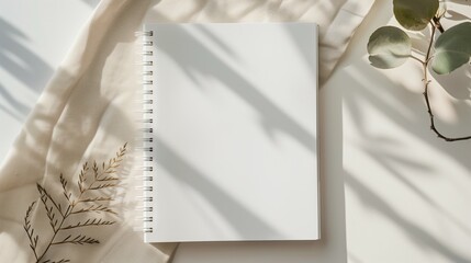 Open blank sheet of sketchbook on spiral, white paper notebook on stylish minimalistic neutral background. Mindful freewriting. Backdrop flat lay for sustainable recycled green design with copy space