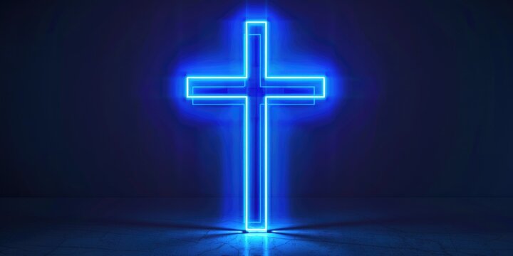 Blue Neon Cross on Black Background