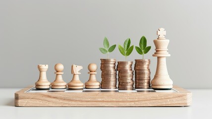 Investment strategy, chess board with coins, 3D illustration, planning concept, copy space