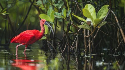 Naklejka premium Scarlet ibis wading through a lush mangrove swamp, its bright red plumage contrasting with the green background