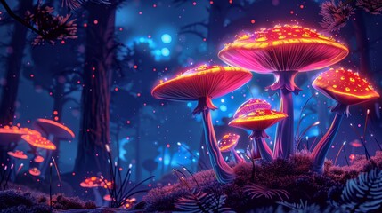 enchanted doodle of magic mushrooms in a whimsical forest, creating a surreal fantasy world filled with mystery and adventure