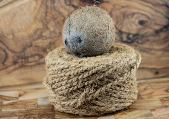 Fruchtfleisch und Seile aus Fasern von der Kokosnuss Cocos nucifera