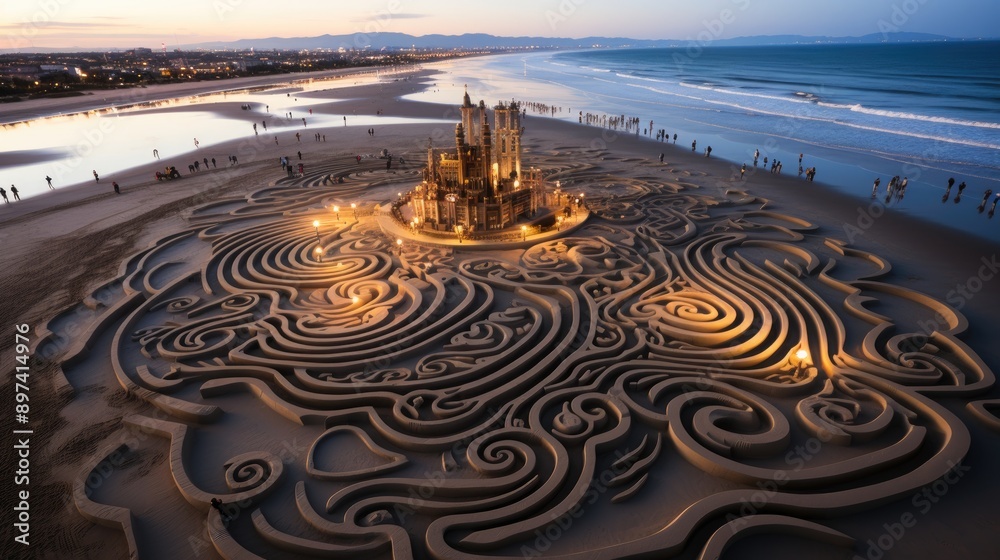 Wall mural a mesmerizing sand labyrinth, created on a beach, with intricate patterns resembling a work of art