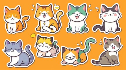 Set of cute and simple cat stickers in a Japanese anime cartoon style, showcasing various expressions and activities in vibrant colors