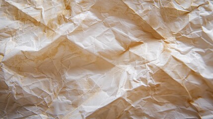 Wrinkled or crumpled parchment paper texture close-up. Eco friendly light beige kraft backdrop surface. Background for sustainable green design with copy space.