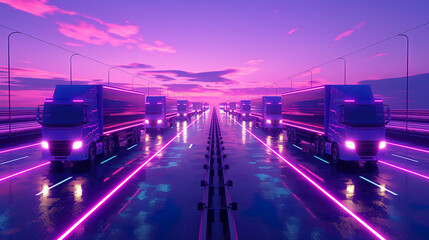 An autonomous driving truck fleet on wisdom high way at sunset