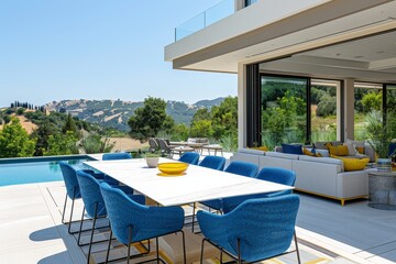 Large Outdoor Dining Table with Blue Chairs on Ultra Modern Napa Valley Patio, Overlooking Hills and Forested Lava Flows, Surrounded by Sleek Designer Sofas with Yellow Pillows and a Pool