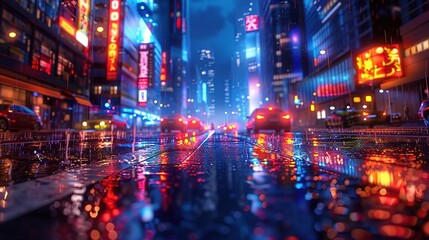 Rainy Night in Neon City - 3D Illustration